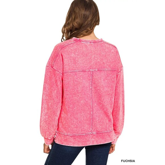 Zenana Acid Wash French Terry Exposed-Seam Pullover - Picture 3 of 3